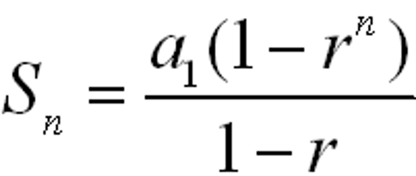 <p>Sn=a1(1-r^n)/1-r</p><p>a1= first term</p><p>r= difference between 2 terms</p><p>n= term you want to find out</p>