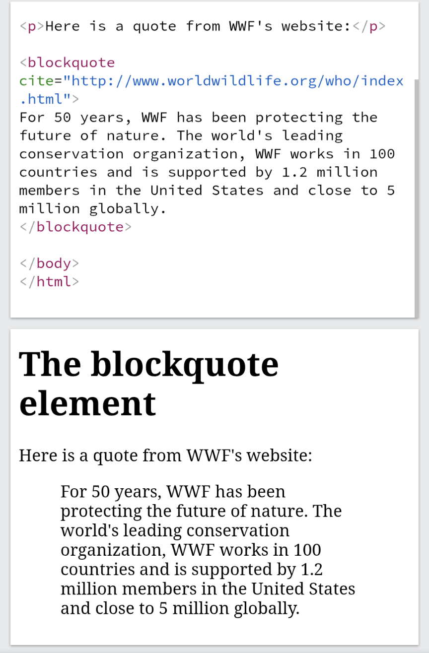 <p>Specifies a section that is quoted from another source. Browsers usually indent it.</p>