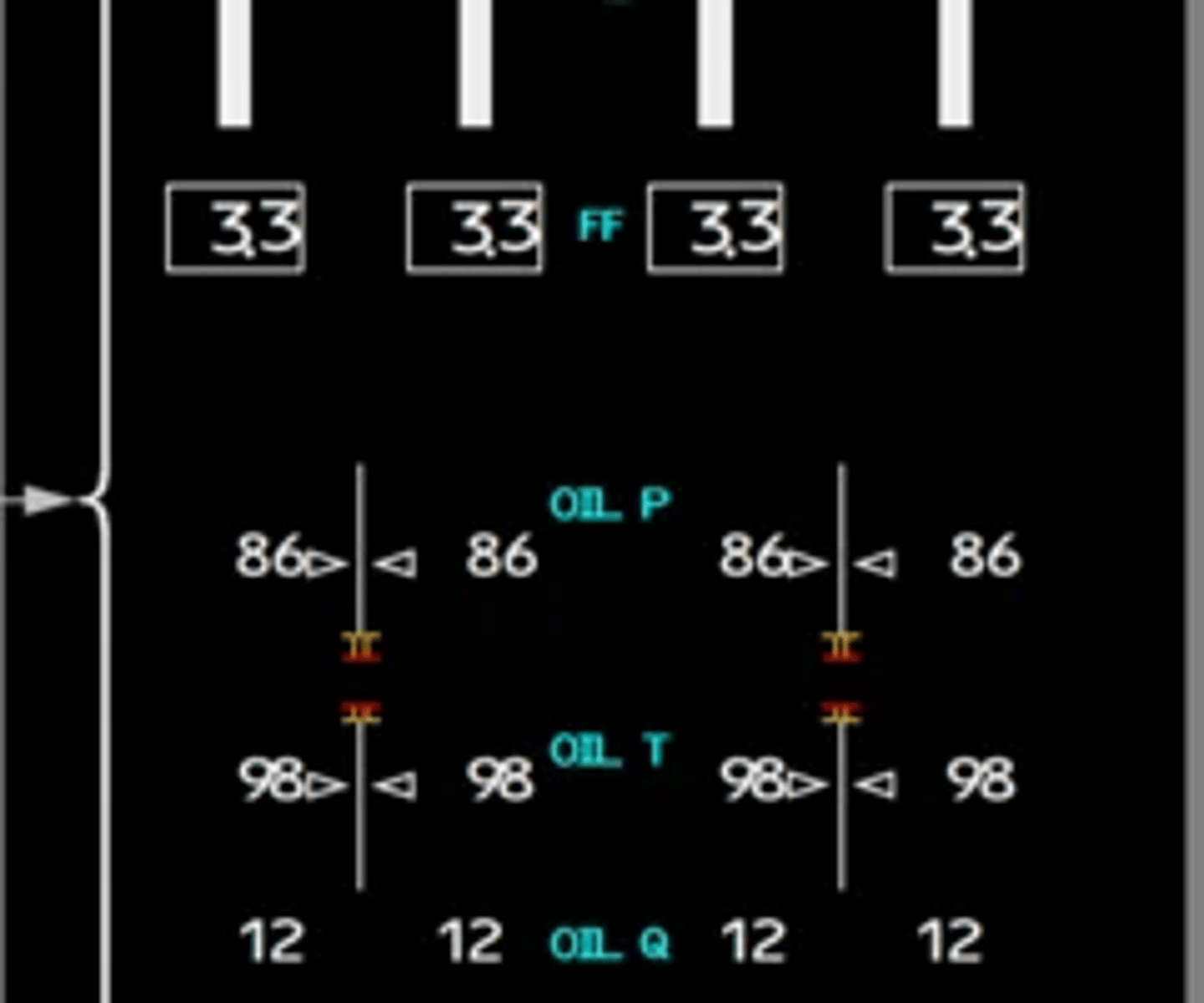 <p>The secondary engine indications display when:</p><p>• the displays initially receive electrical power</p><p>• selected using the Engine (ENG) display switch on the Display Select panel</p><p>• a Fuel Control switch is moved to CUTOFF in flight</p>