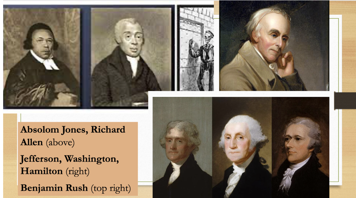 *(historical figures, part of efforts to fight yellow fever outbreak of 1793)*

\
Absolom Jones (top left), Richard Allen (middle top) - leaders of the Black community of Philly, had recently organized a new African church (which right around the time a few years after became the AME (African Methodist Evangelical) church) 