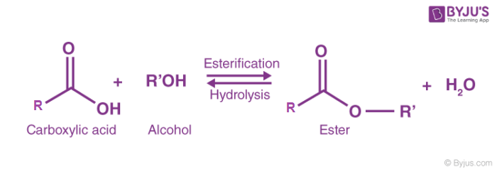 • Alcohol combines with carboxylic acid to \n produce ester and water \n • An example of a condensation reaction \n – Two molecules combine to form a larger molecule \n as well as a small, stable molecule (such as water) \n • Many flavors and aromas of fruits and spices \n are due to esters