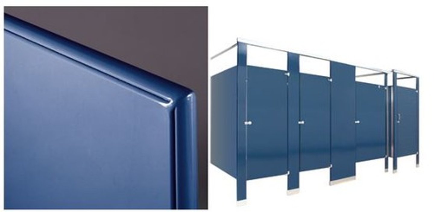 <p>a panel forming an enclosure around a water closet for privacy in a public lavatory</p>