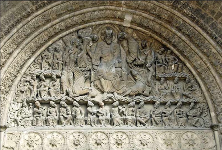 <p>south portal of Priory Church of Saint-Pierre; tympanum; Moissac, Toulouse, France c. 1115; may have been inspired by Spanish and Islamic designs pilgrims witnessed on their journeys; Romanesque art</p>