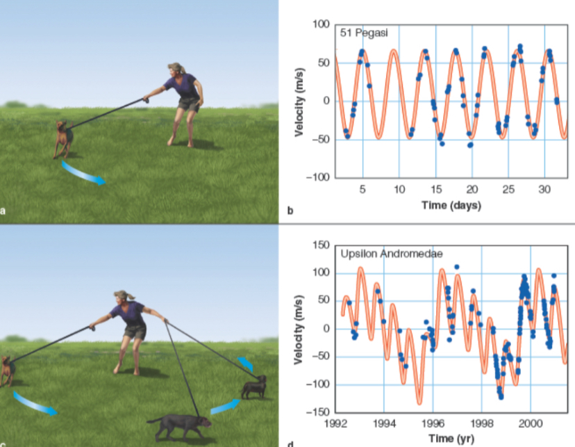 <ol><li><p><span>the star will move slightly as it orbits the center of mass of the plant-star system (astronomers can detect a planet orbiting another star by watching how the star moves)</span></p></li><li><p><span>transit:&nbsp;</span><span><span>the passage of an extrasolar planet across the disk of its parent star as observed from Earth, partially blocking the light from the star (allowing section)</span></span></p></li><li><p><span><span>microlensing: brightening of a background star due to focusing of its light by the gravity of a foreground extrasolar planet, allowing the planet to be detected</span></span></p></li></ol><p></p>