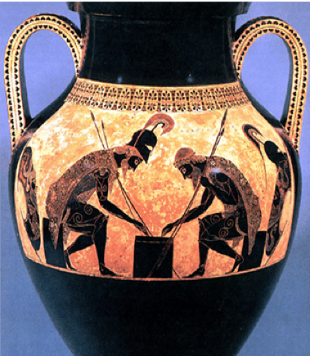 <p>In early Greek pottery, the silhouetting of dark figures against a light background of natural, reddish clay, with linear details incised through the silhouettes.</p>