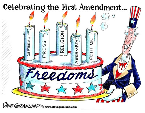 Freedom of religion (Engle v Vital, Lemon v Kurtzman), speech (Johnson v Texas, Black v Virginia, Tinker v Des Moines), press, rights of assembly, and to petition