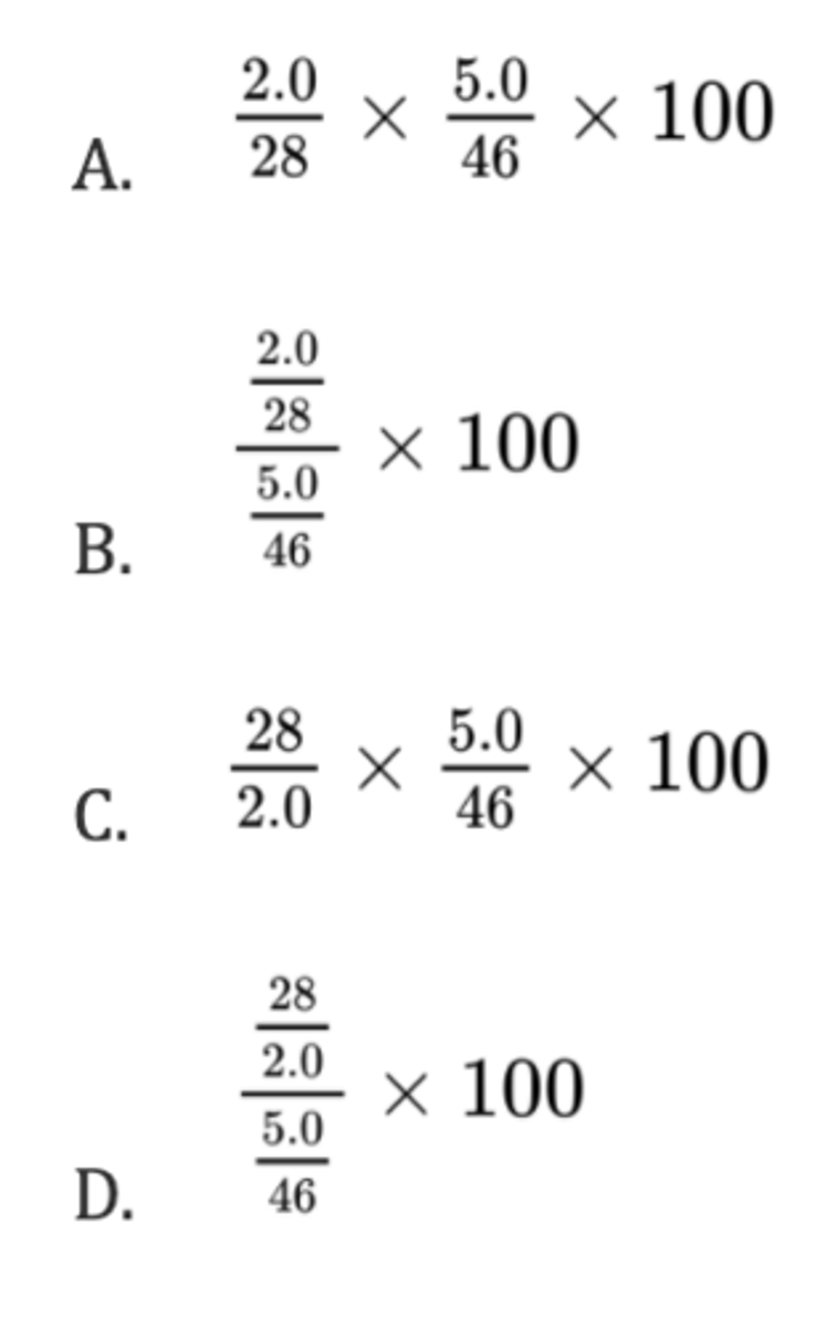 <p>What is the percentage yield when 2.0 g of ethene, C₂H₄, is formed from 5.0 g of ethanol, C₂H₅OH?</p><p>Mr(ethene) = 28; Mr(ethanol) = 46</p>