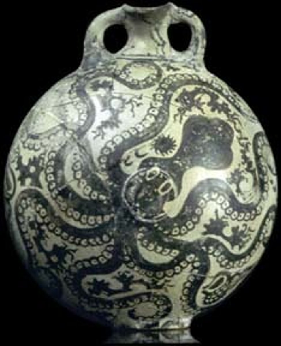 <p>Ceramic objects from the Late Bronze Age (ca. 1500 BCE); decorated with sea life (octopus, fish); hallmark of Minoan naturalism; elite ware for trade/storage.</p>