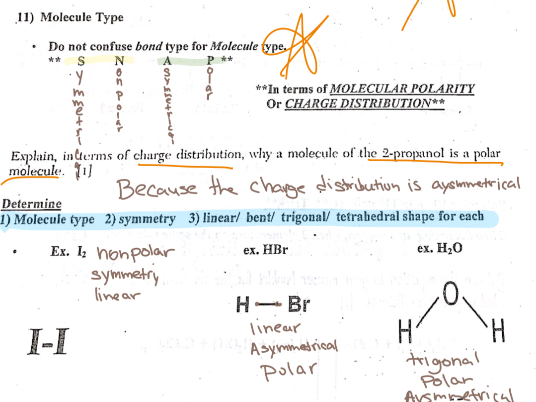 <p>Symmetrical/Nonpolar</p><p>Asymmetrical/polar</p>