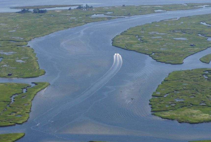<p>the part of the wide lower course of a river where its current is met by the tides. (brackish water) </p>