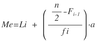 <p>Tomamos la frecuencia acumulada directamente psoterior a la posición de la mediana y luego: *Límite inferior + (n/2 - frecuencia acumulada anterior)/(frecuencia absoluta)<em>i</em></p>