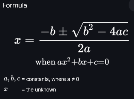 <p>The _____ is a method for solving quadratic equations, given by the expression x = (-b ± √(b²-4ac)) / 2a, where a, b, and c are coefficients of the equation ax² + bx + c = 0.</p>