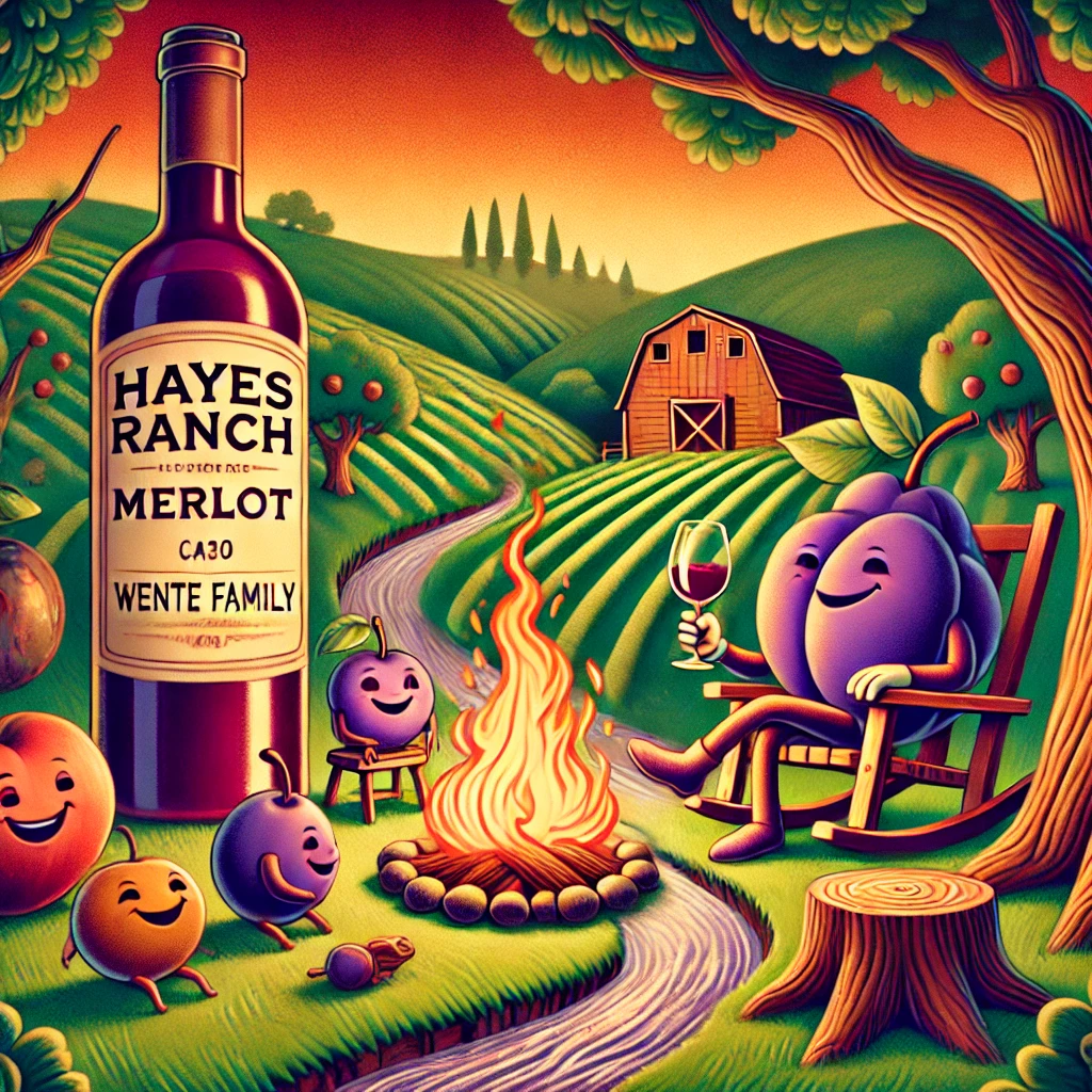 The scene features plum and black cherry characters around a campfire of glowing cocoa logs, with wine streams flowing through a lush ranch landscape. Friendly tree stumps embody earthy notes, and a giant Merlot bottle relaxes on a rocking chair, inviting everyone to enjoy the rich and satisfying finish. This warm and vibrant depiction reflects the wine's smooth and velvety profile.