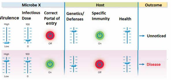 <p>Hay que tener en cuenta las características del microorganismo y del hospedador</p><p>Depende de:</p><ul><li><p><strong>Patogenicidad del parásito</strong></p><ul><li><p>Factores de virulencia, puerta de entrada, inoculación (dosis infecciosa → algunos microorganismos con poca dosis nos causarán enfermedad, mientras que otros necesitan una carga microbiana mucho más alta)</p></li></ul></li><li><p><strong>Susceptibilidad del hospedador</strong></p><ul><li><p>edad, inmunidad (personas inmunodeprimidas), genética, salud. También van a influir las comorbilidades que puedan afectar (diabetes), instrumentaciones, post-operatorios…</p></li></ul></li></ul><p>Este equilibrio hace que se produzca o no la enfermedad</p>