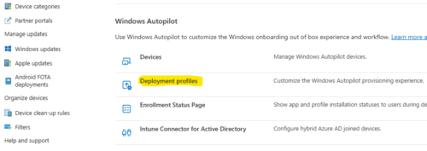 <p>deployment profile (Devices > Enrollment > Deployment profiles)</p>