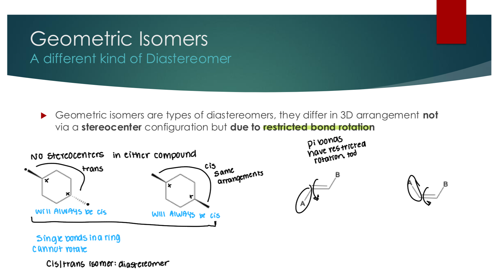<p>Geometric isomers are types of diastereomers, they differ in 3D arrangement not via a stereocenter configuration but due to restricted bond rotation</p><p>pi bonds have restricted bond rotation.&nbsp;</p><p>Single bonds in a ring cannot move.&nbsp;</p>