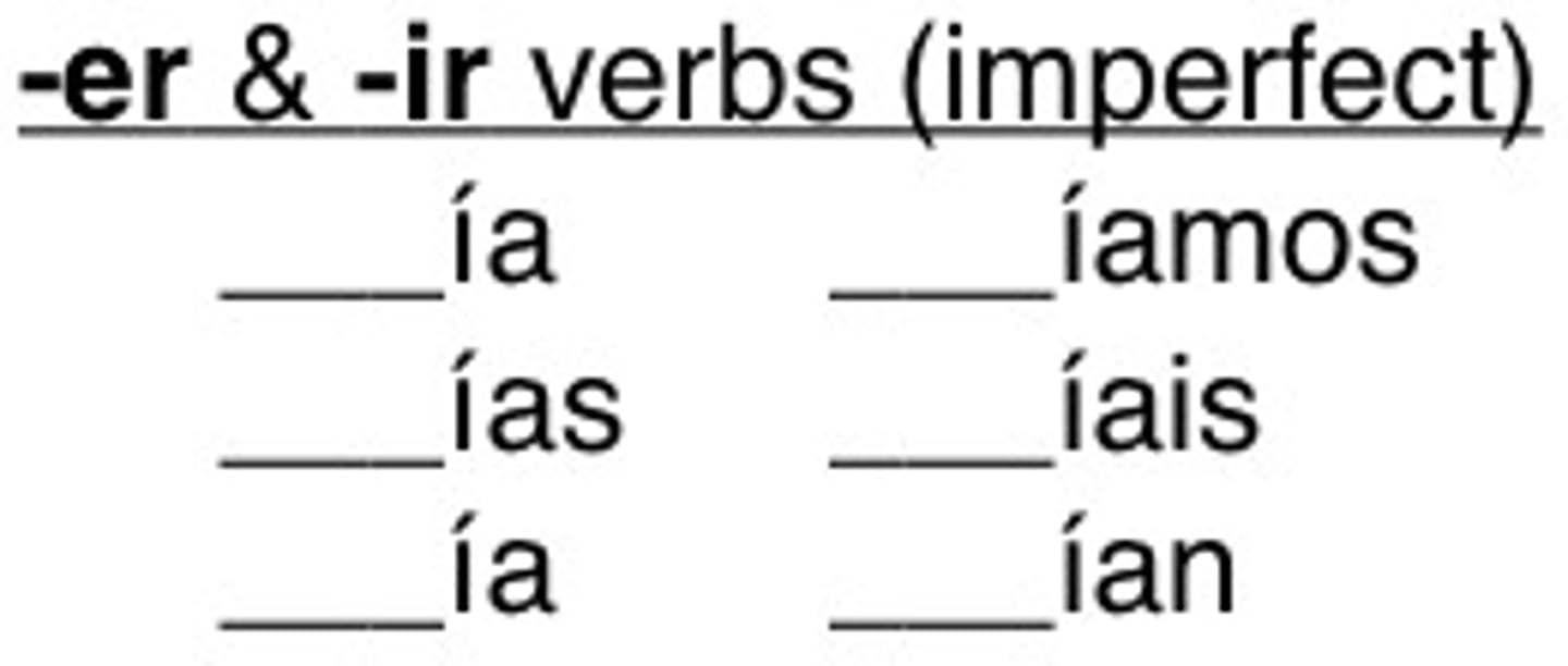 <p>ía, ías, ía, íamos, íais, ían</p>