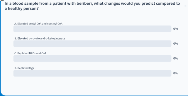 <p>in a blood sample from a pt with beriberi, what changes would you predict compared to a healthy person?</p>