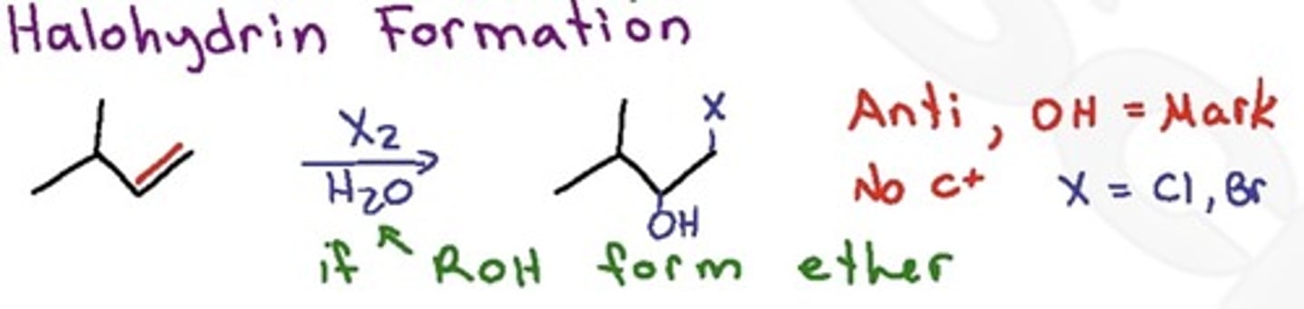 <p>Anti-addition of halogen and hydroxide ( if -ROH, forms ether)</p><p>X reacts as the electrophile so the C-O bond forms at the more stable cation center</p><p>Reaction proceeds via cyclic halonium ion</p>