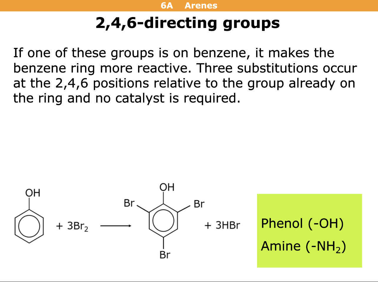 <p>2,4,6</p><p>Meaning the molecule it reacts with binds to the 2nd,4th, and 6th position</p>