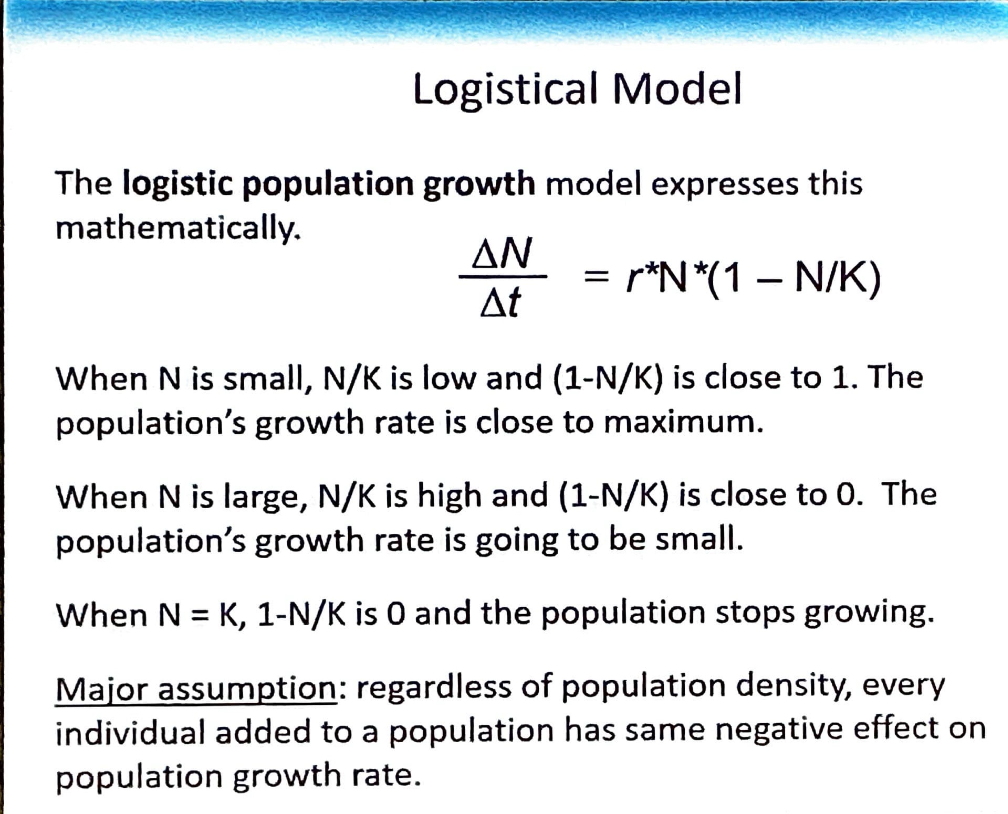 <ul><li><p>Best used when the population is beyond half of the carrying capacity</p></li><li><p>The logistical model assumes that populations adjust instantly to changes in resources.</p></li><li><p>In some species, there is a delay in this adjustment.</p></li><li><p>This delay can cause a population to grow beyond the environment's carrying capacity for a short period.</p></li><li><p>The images show examples of species that might be studied in this context, including a water flea, a sea urchin, beetles, and a human crowd.</p></li></ul><p>N small —> N/K is LOW</p><p>N large —> N/K is HIGH</p>