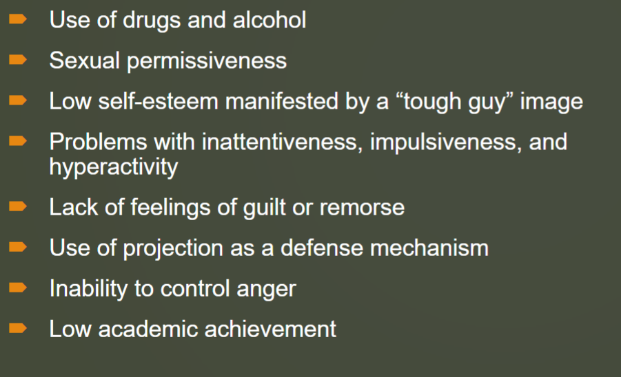 <p>In children and adolescents</p><p>Persistent physical aggression in the violation of the rights of others</p><p>-more common in males</p><p>-May be a precursor to APD in adulthood</p>