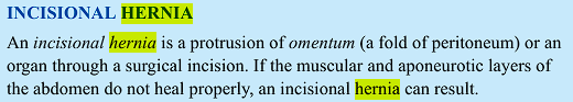 <p>an incisional hernia is a protrusion of the omentum or an organ through surgical incision.</p>