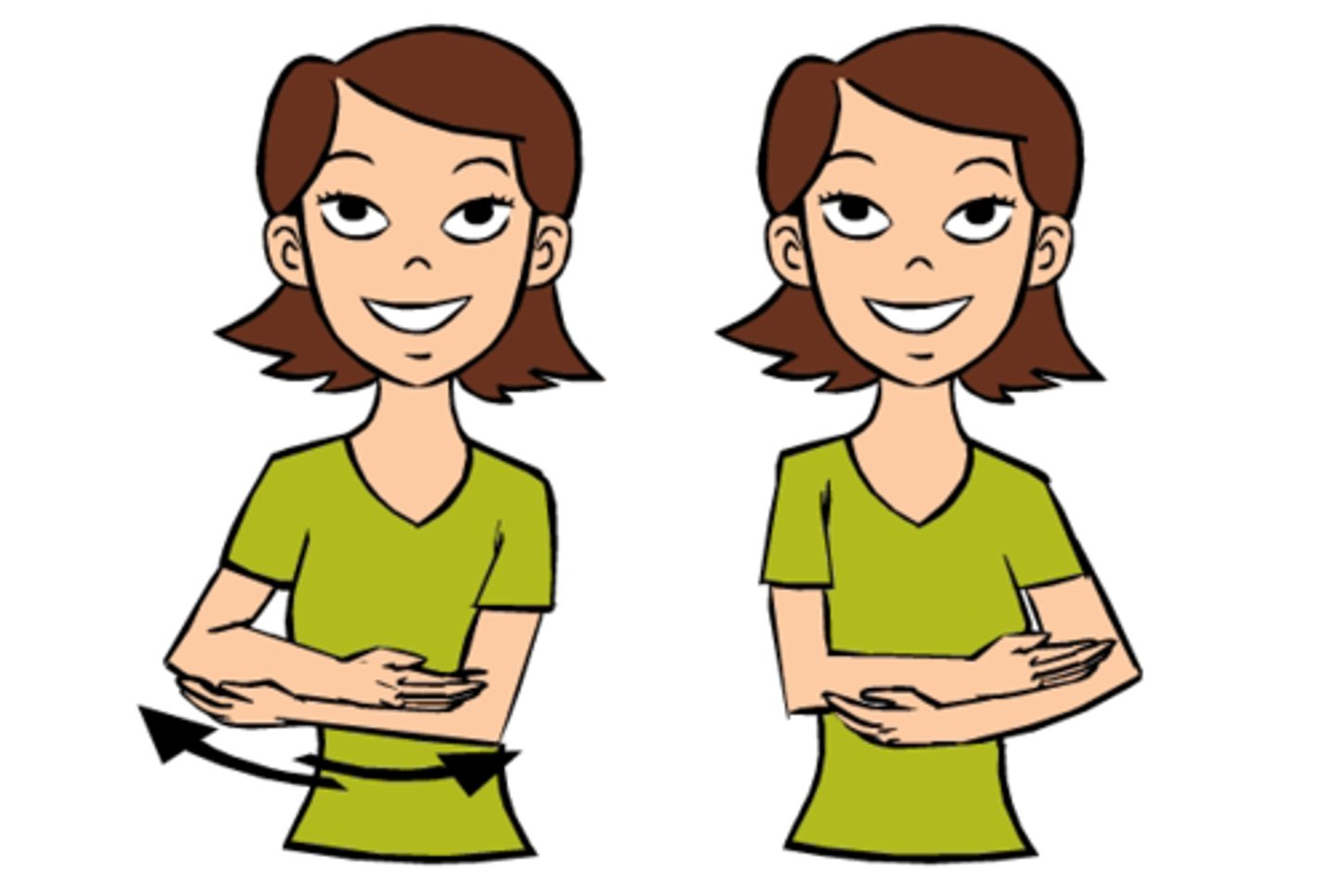 <p>Cross your hands touching each elbow with the fingers from the opposite hands, as if you are cradling something in your arms. Then gently move your hands from side to side, as if rocking it.</p>