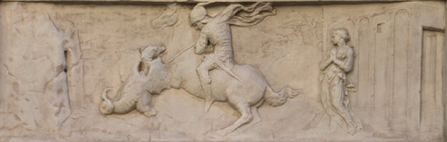 <p>By ______________ Donatello revolutionized relief sculpture in his image of Saint George Slaying the Dragon.</p>