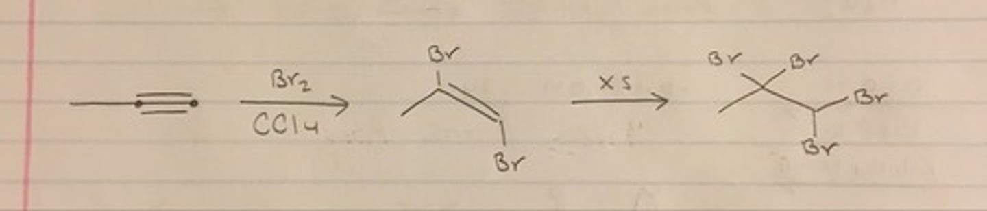 <p>Electrophilic Addition (dihalides)</p><p>Alkyne to Alkane (2 equiv. )</p><p>Anti-Addition bromination 4 Br total, 2 Br on each carbon</p>