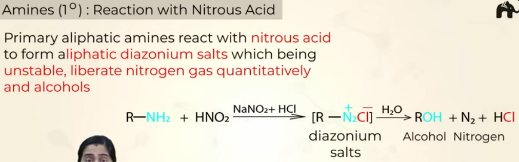 <p>gives diazonium salt (<mark data-color="#df7979" style="background-color: #df7979; color: inherit">N<sub>2</sub><sup>+</sup></mark>Cl) —&gt; unstable (but benzenediazonium salts are stable)</p><p>HNO<sub>2</sub>—&gt;NaNO<sub>2</sub>+ HCl</p>