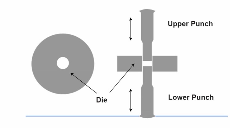 <p>Take a powder and squash it:</p><ul><li><p><strong>Die</strong> is filled with powder</p></li><li><p><strong>Lower punch</strong> is moved up and down to control how much powder fills the die</p></li><li><p><mark data-color="yellow" style="background-color: yellow; color: inherit;">Pressure</mark> is applied from upper punch and lower punch to squash all powders together to form a single unit </p></li></ul><p></p>