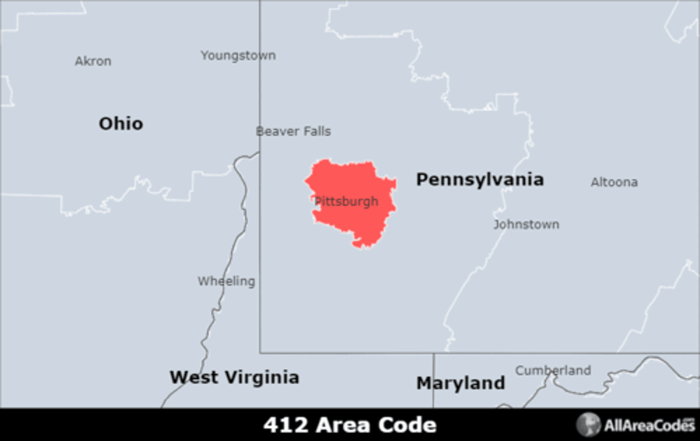 <p>Area code 412 serves Pittsburgh, PA and the surrounding areas. It overlaps coverage areas with area code 878.</p>