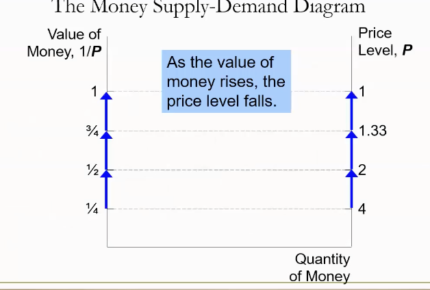 <p>X value = quantity of money</p><p>Y value = Price level (P) &amp; Value of Money (1/P) </p><p></p>