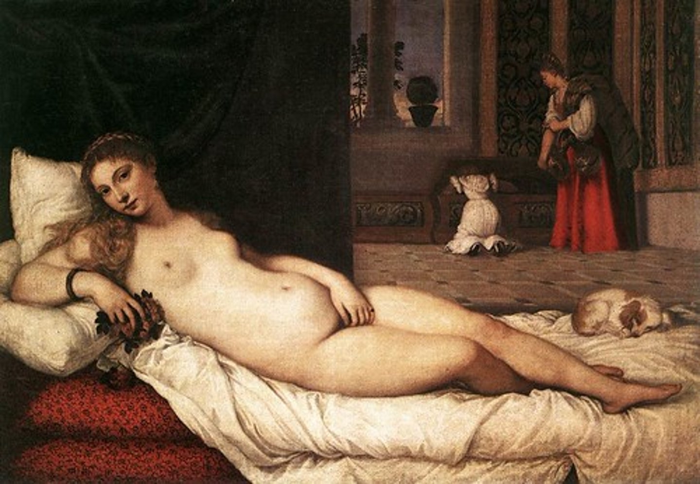 <p>Location: unknown</p><p>Time Period: 1538 C.E</p><p>Artist: Titian</p><p>Material: Oil on canvas</p><p>Facts: The Venus represents an ideal woman. The dog at her feet is emblematic of loyalty--"fides" (hence "Fido") is the Latin root of faith and fidelity. The woman standing in the background is a matron, a chatelaine, the lady of the household. She supervises a servant who is placing things into a chest. The chest may be a cassone, a wedding chest that would have been filled with linens and such. In sum, it is a picture of a perfect home managed by the perfect woman, a "domestic goddess," if you will.</p>
