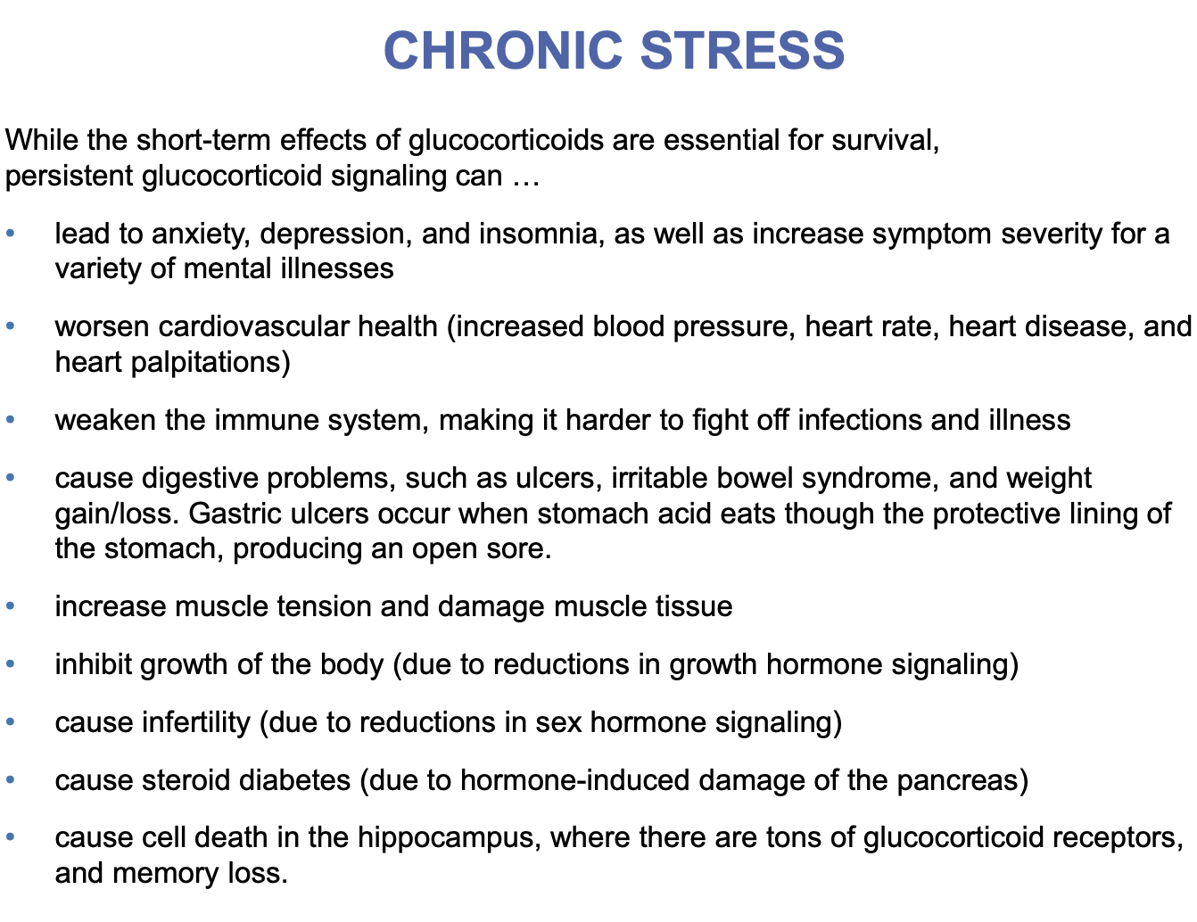 <p>→ physiological reactions to aversive or threatening situations and/or stimuli (<strong>stressors</strong>) that notably mobilize the body’s autonomic nervous system (ANS) and endocrine system</p><ul><li><p>Usually adaptive to short-term responses, but chronic vulnerability can cause adverse health effects, including the onset of anxiety (see photo attached)</p></li></ul><p></p>