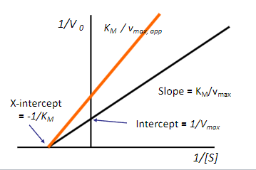 <p>Based on the figure what type of inhibition occurs? (look at orange line)</p><p>a) competitive inhibition</p><p>b) non-competitive inhibition</p>