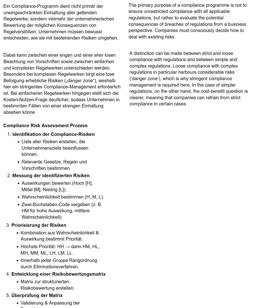 <p>The primary purpose of a compliance programme is not to ensure unrestricted compliance with all applicable regulations, but rather to evaluate the potential consequences of breaches of regulations from a business perspective. Companies must consciously decide how to deal with existing risks.</p><p>A distinction can be made between strict and loose compliance with regulations and between simple and complex regulations. Loose compliance with complex regulations in particular harbours considerable risks (‘danger zone’), which is why stringent compliance management is required here. In the case of simpler regulations, on the other hand, the cost-benefit question is clearer, meaning that companies can refrain from strict compliance in certain cases</p>