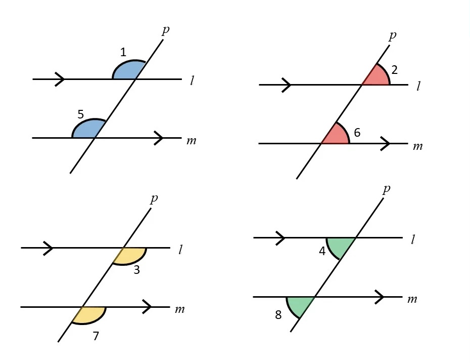 <p>angles on the same side of the transversal and in the same position (CONGRUENT)</p>