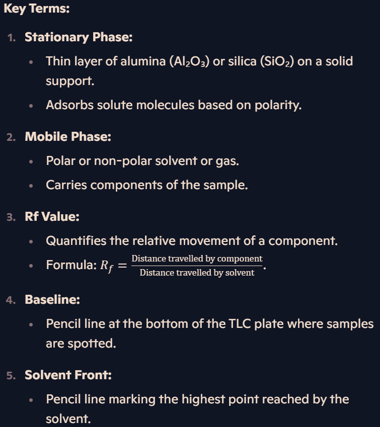 <p><strong>Key Concepts:</strong></p><ul><li><p>Separation depends on:</p><ul><li><p><strong>Interaction with the stationary phase:</strong> Stronger interaction → Lower Rf value.</p></li><li><p><strong>Solubility in the mobile phase:</strong> Higher solubility → Higher Rf value.</p></li></ul></li></ul><p></p>