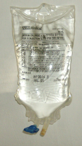 Normal saline is a solution of water and salt ions that is isotonic to human blood. It is used as an eye wash, to flush wounds and intravenously to rehydrate patients. During organ transplant, while out of a body the organs are bathed in normal saline.

Because the solution is isotonic to body cells, the cells will not shrink or swell when exposed to the saline solution.