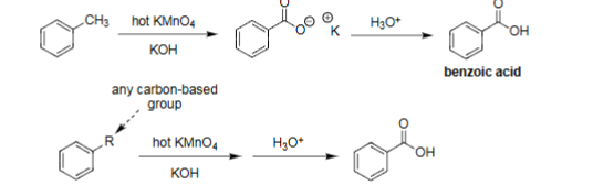<ul><li><p>Hot KMnO<sub>4</sub> with KOH for first reaction, then H<sub>3</sub>O<sup>+</sup> for second reaction. </p></li><li><p>Leads to benzoic acid formation. </p></li></ul><p></p>