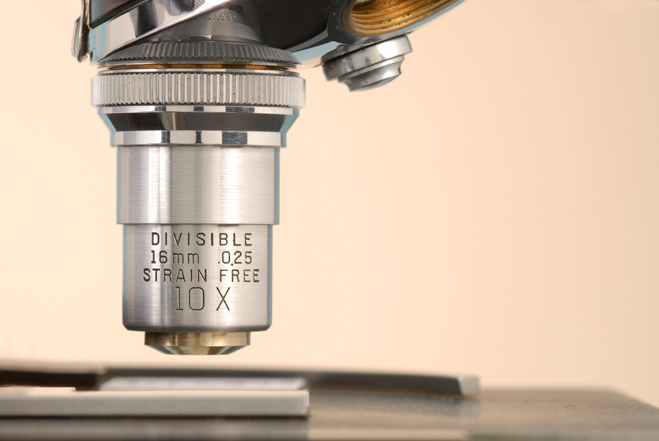 <p>An objective lens typically used at 10x magnification for initial examinations of a slide. </p>