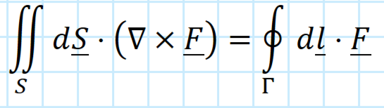<p>The surface integral over an open bounded surface of the curl of a differentiable vector field equals the line integral of the curl of the field over the perimeter of the surface.</p>