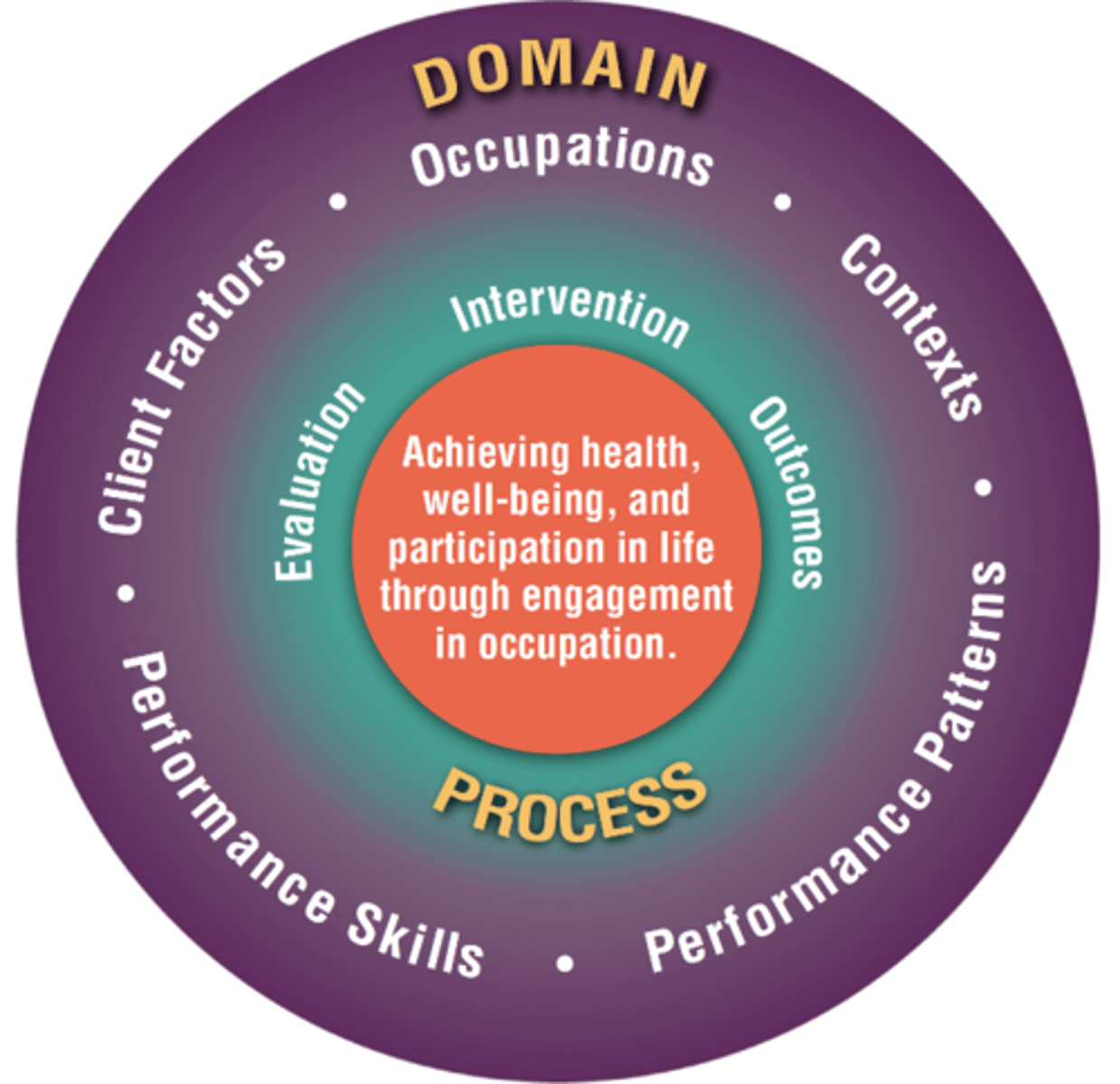 <p>- occupations</p><p>- contexts</p><p>- performance patterns</p><p>- performance skills</p><p>- client factors</p>