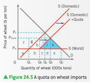 <ul><li><p>a physical limit on the number or value of goods that can be imported into a country</p></li><li><p>domestic producers raise their revenue</p></li></ul>