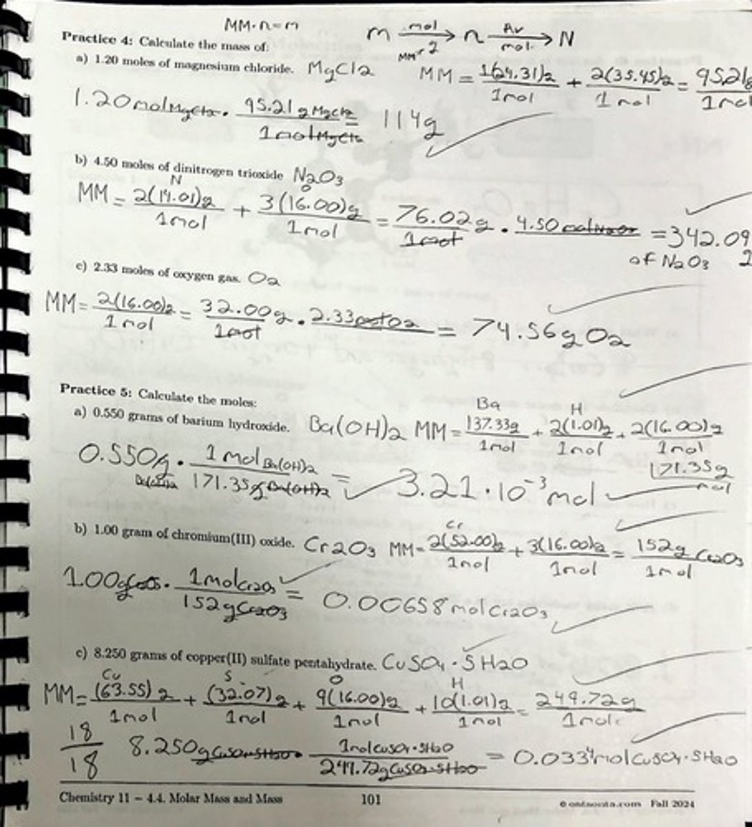 <p>Calculate the Molar Mass of water, H₂O: MMH₂O = 2(MMH) + 1(MMO) = 2(1.01 g) + 16.00 g = 18.02 g.</p>