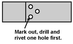 <p>Mark out and drill one pair of hole only. Rivet them, line up the metal sheets, then do the remaining holes</p>