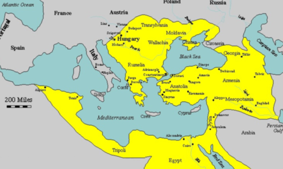 <p><span>Islamic state of Turkic speaking peoples lasting from 1453-1922; conquered the Byzantine Empire in 1453; based at Istanbul (formerly Constantinople); encompassed lands in the Middle East, North Africa, the Caucasus, and eastern Europe. Doesn't fall until 1918 during WWI</span></p>