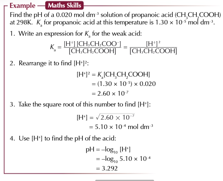 <ul><li><p>write expression for Ka</p></li><li><p>rearrange the equation and substitute values known to find [H+]</p></li><li><p>take the SQUARE ROOT of the number to find [H+]</p></li><li><p>substitute [H+] into -log10 [H+] to find the pH</p></li></ul><p></p>